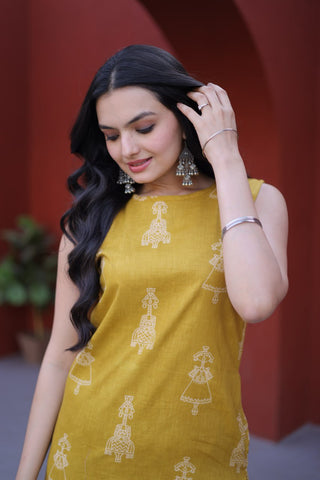 Yellow Printed Cotton Kurti Pant Set ClothsVilla