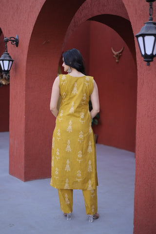 Yellow Printed Cotton Kurti Pant Set ClothsVilla