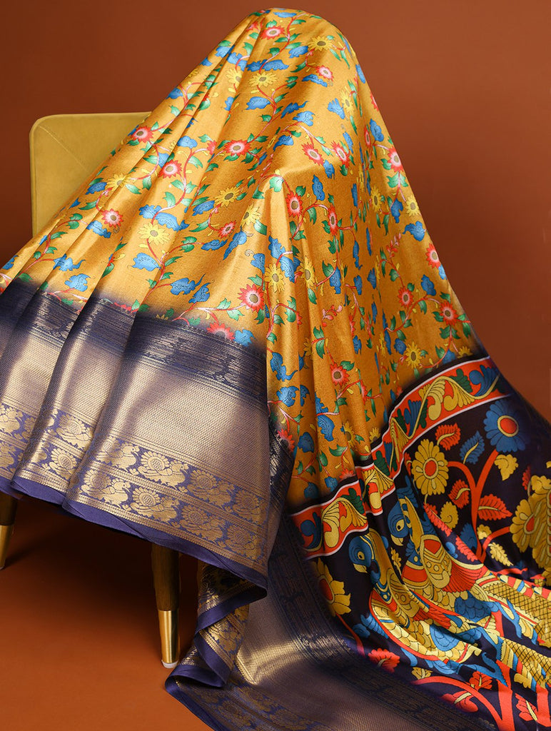 Yellow Printed Dola Silk Saree Set for Weddings & Specia