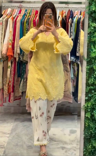Yellow Printed Kurti with Palazzo Set ClothsVilla