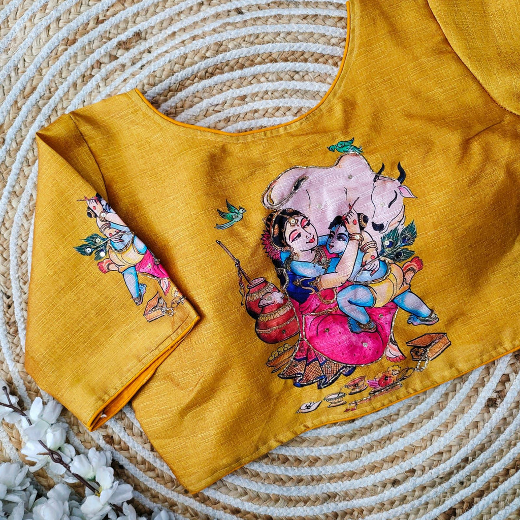 Yellow Pure Silk Blouse with Antique Handcrafted Work ClothsVilla