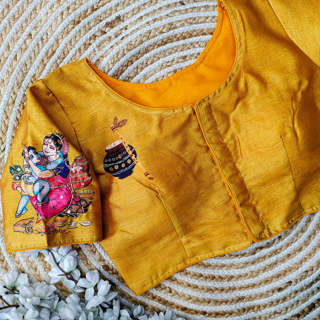 Yellow Pure Silk Blouse with Antique Handcrafted Work ClothsVilla