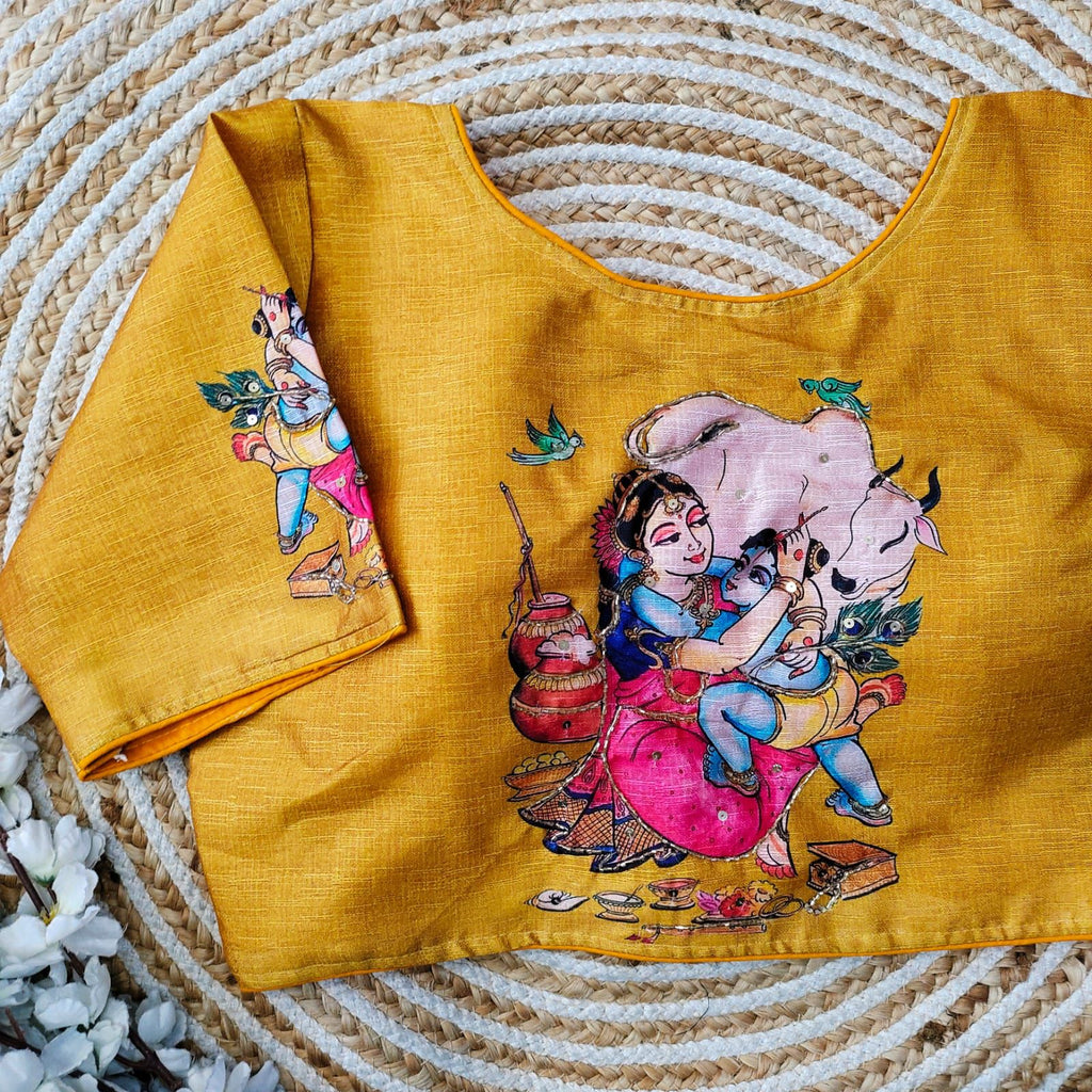 Yellow Pure Silk Blouse with Antique Handcrafted Work ClothsVilla