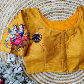 Yellow Pure Silk Blouse with Antique Handcrafted Work ClothsVilla