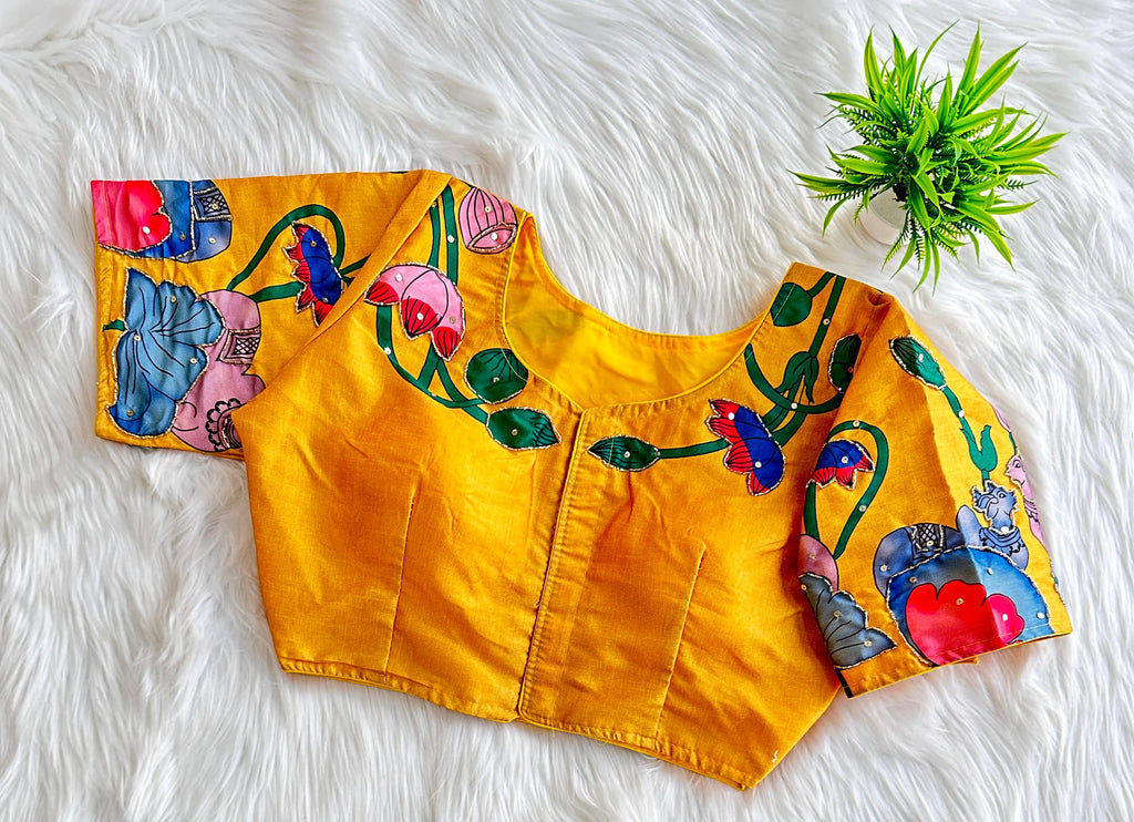 Yellow Pure Silk Blouse with Decent Print and Antique Handcrafted Work ClothsVilla