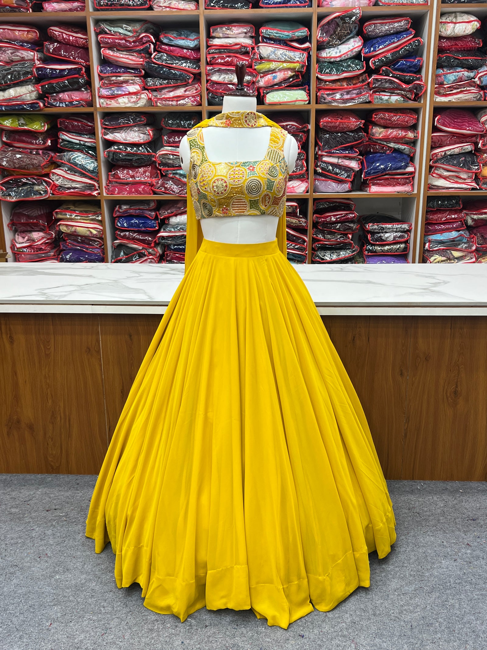 Yellow Pure Soft Fox Georgette Blooming Lehenga Choli with Fancy Blouse & Dupatta – Fully Stitched, Ready to Wear