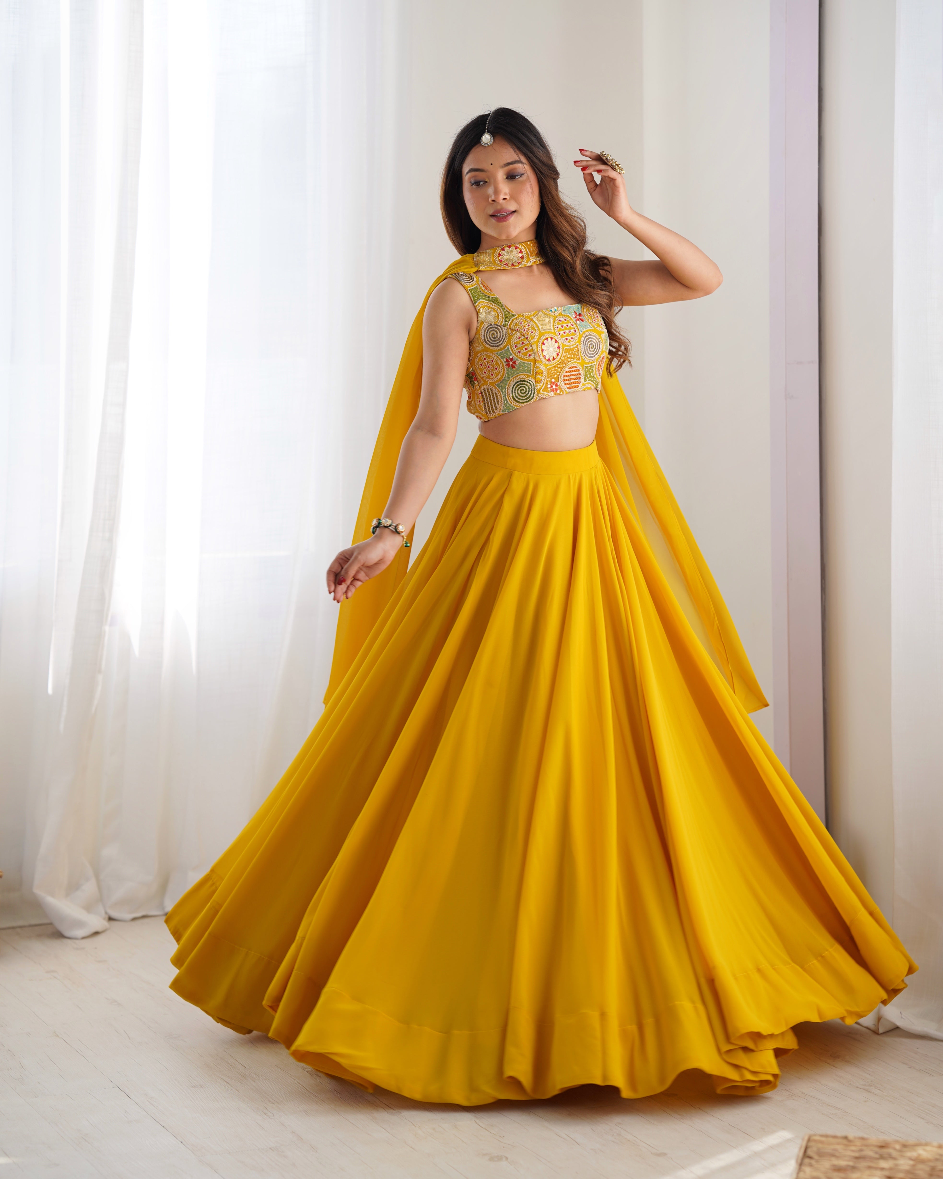 Yellow Pure Soft Fox Georgette Blooming Lehenga Choli with Fancy Blouse & Dupatta – Fully Stitched, Ready to Wear Main image