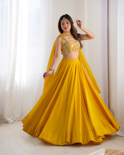 Yellow Pure Soft Fox Georgette Blooming Lehenga Choli with Fancy Blouse & Dupatta – Fully Stitched, Ready to Wear