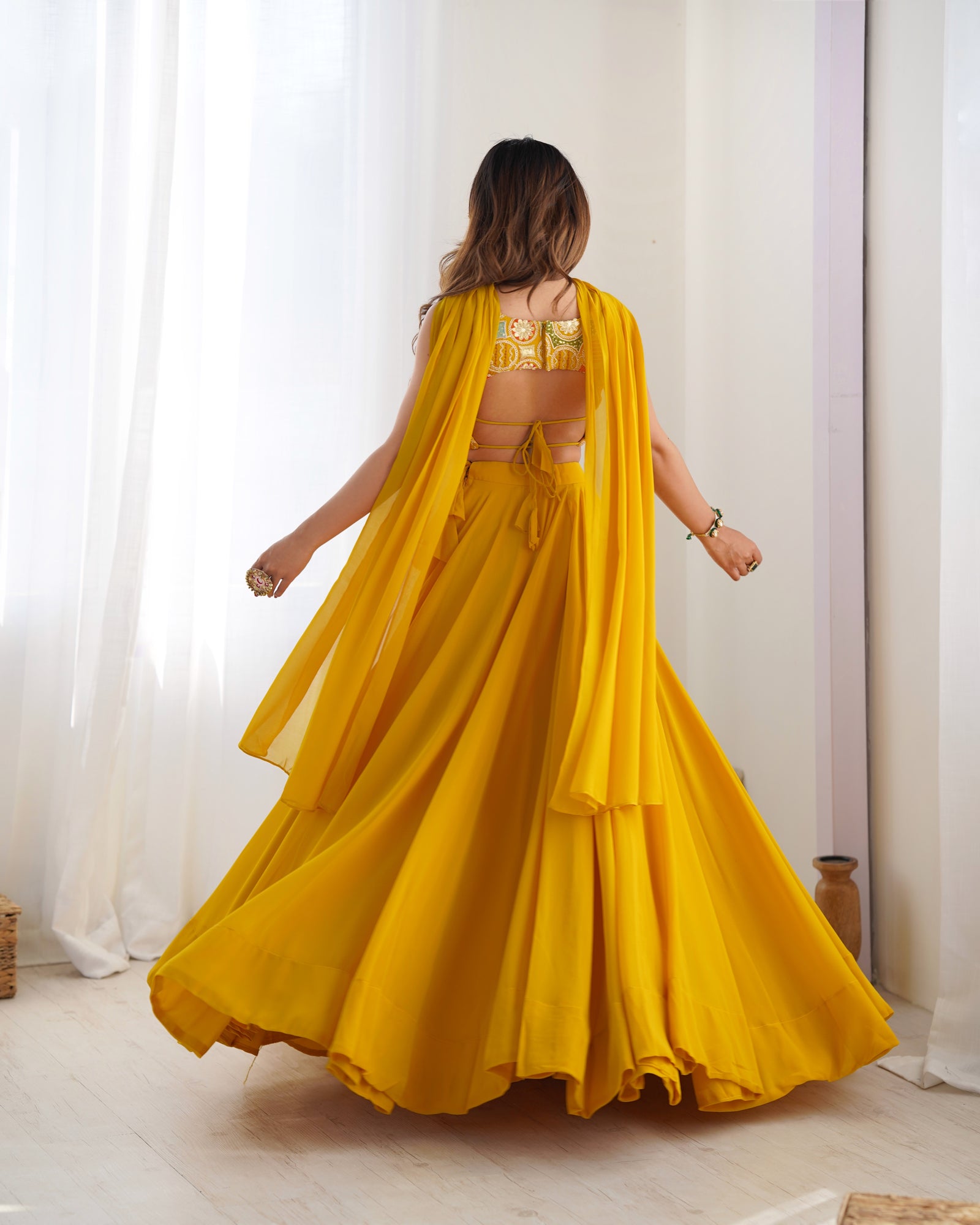 Yellow Pure Soft Fox Georgette Blooming Lehenga Choli with Fancy Blouse & Dupatta – Fully Stitched, Ready to Wear