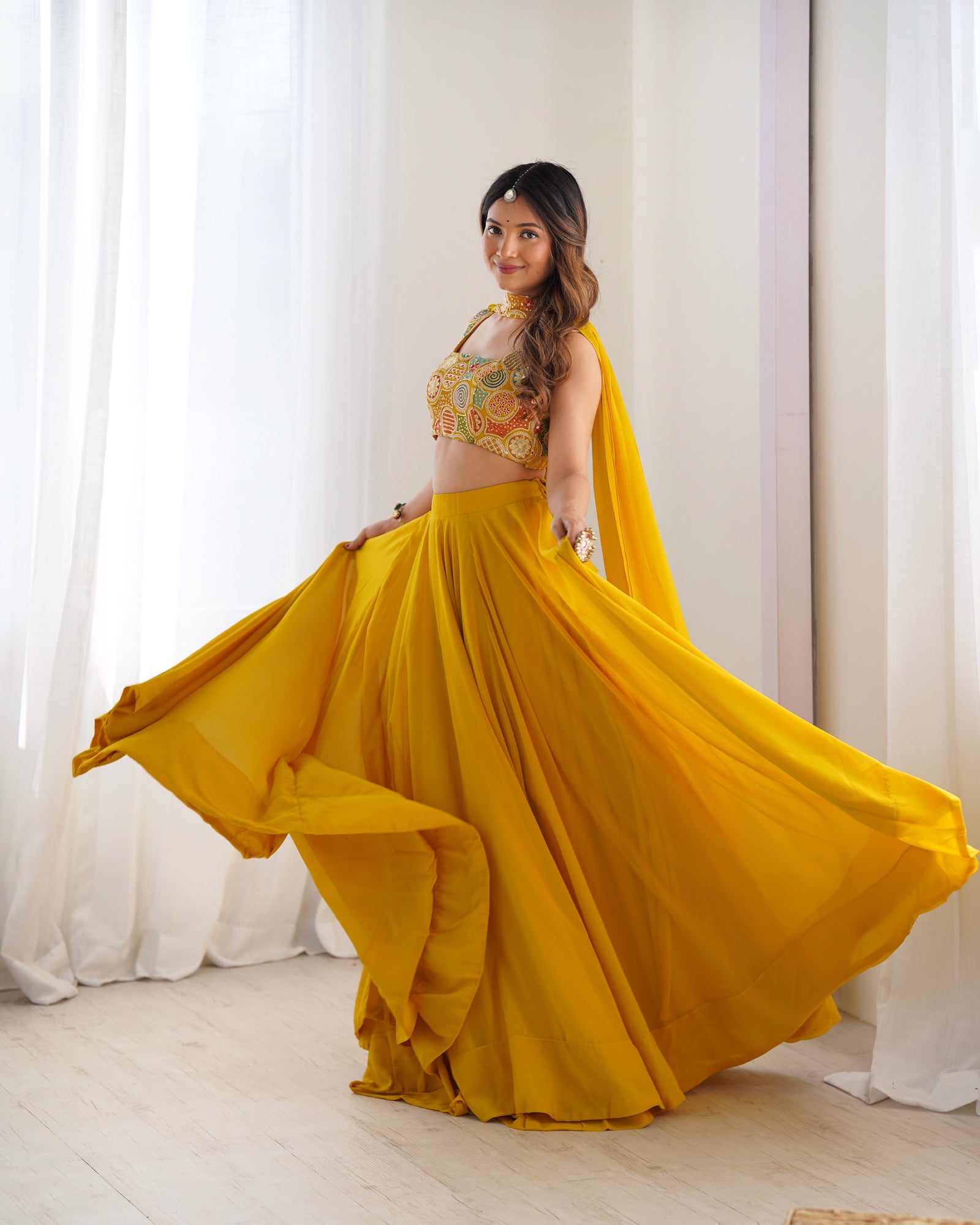 Yellow Pure Soft Fox Georgette Blooming Lehenga Choli with Fancy Blouse & Dupatta – Fully Stitched, Ready to Wear