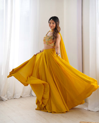 Yellow Pure Soft Fox Georgette Blooming Lehenga Choli with Fancy Blouse & Dupatta – Fully Stitched, Ready to Wear