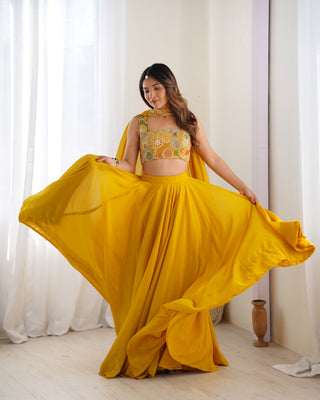 Yellow Pure Soft Fox Georgette Blooming Lehenga Choli with Fancy Blouse & Dupatta – Fully Stitched, Ready to Wear