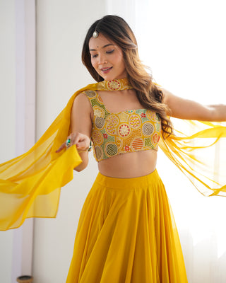 Yellow Pure Soft Fox Georgette Blooming Lehenga Choli with Fancy Blouse & Dupatta – Fully Stitched, Ready to Wear
