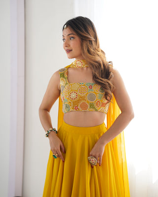 Yellow Pure Soft Fox Georgette Blooming Lehenga Choli with Fancy Blouse & Dupatta – Fully Stitched, Ready to Wear