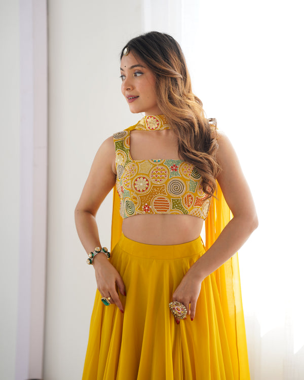 Yellow Pure Soft Fox Georgette Blooming Lehenga Choli with Fancy Blouse & Dupatta – Fully Stitched, Ready to Wear
