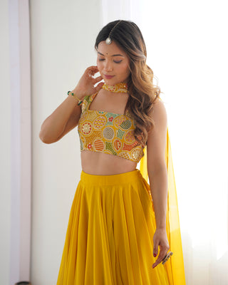 Yellow Pure Soft Fox Georgette Blooming Lehenga Choli with Fancy Blouse & Dupatta – Fully Stitched, Ready to Wear