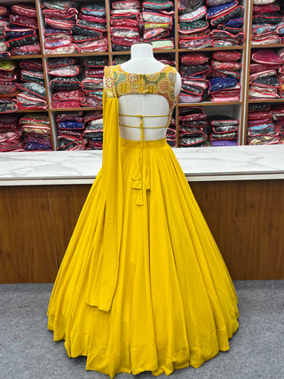 Yellow Pure Soft Fox Georgette Blooming Lehenga Choli with Fancy Blouse & Dupatta – Fully Stitched, Ready to Wear