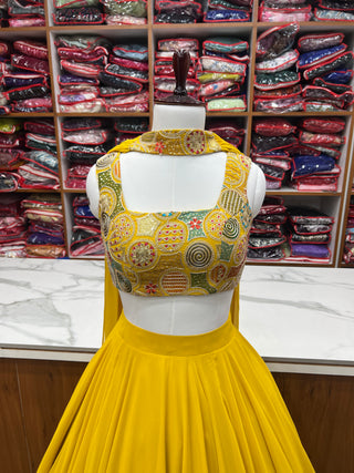 Yellow Pure Soft Fox Georgette Blooming Lehenga Choli with Fancy Blouse & Dupatta – Fully Stitched, Ready to Wear