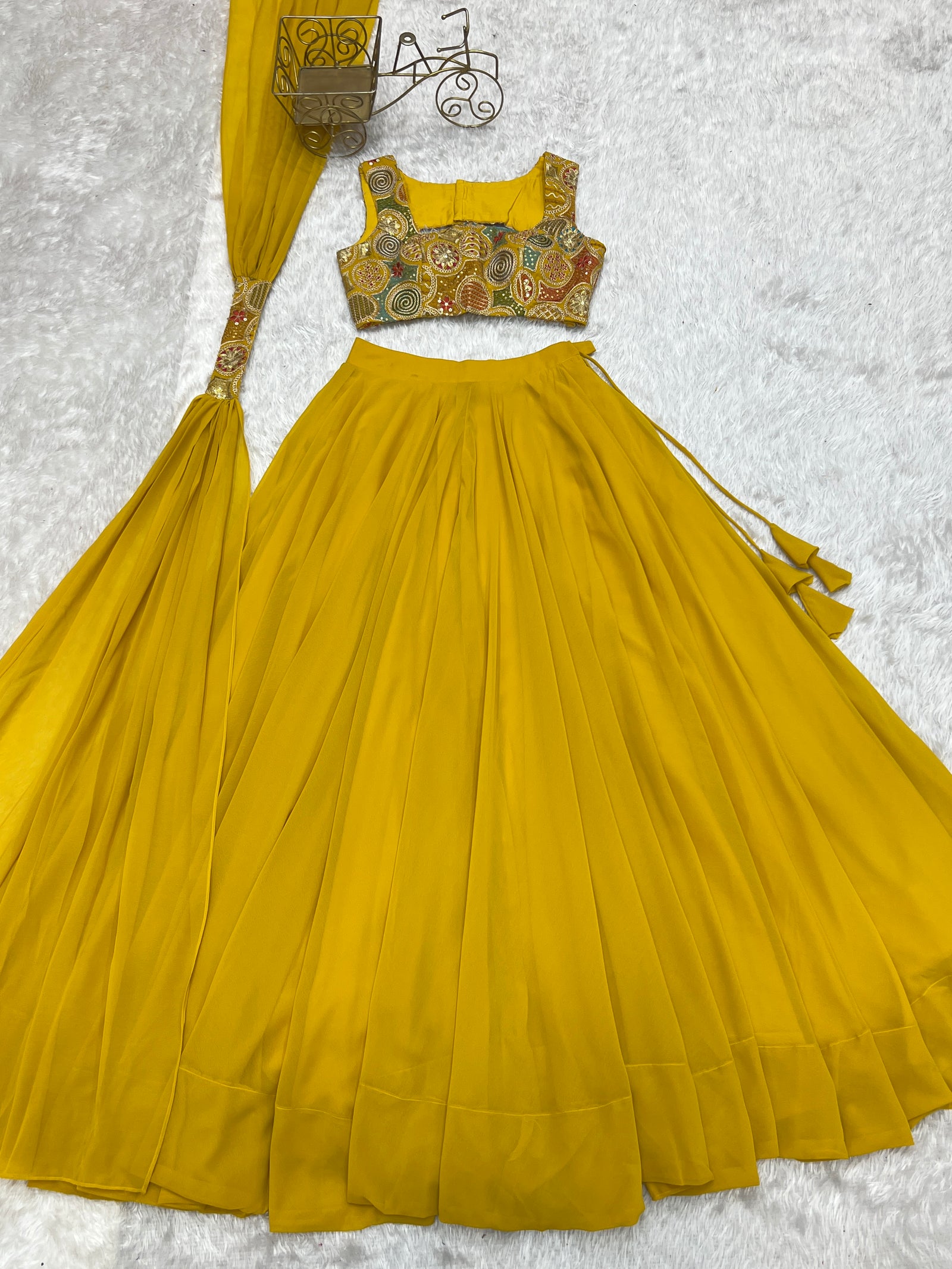 Yellow Pure Soft Fox Georgette Blooming Lehenga Choli with Fancy Blouse & Dupatta – Fully Stitched, Ready to Wear