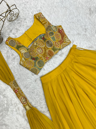 Yellow Pure Soft Fox Georgette Blooming Lehenga Choli with Fancy Blouse & Dupatta – Fully Stitched, Ready to Wear
