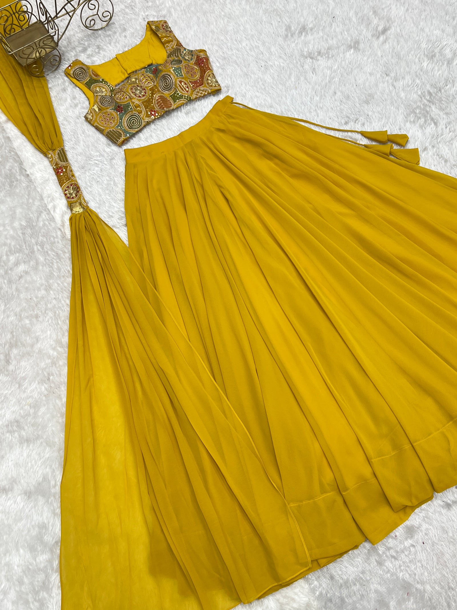 Yellow Pure Soft Fox Georgette Blooming Lehenga Choli with Fancy Blouse & Dupatta – Fully Stitched, Ready to Wear