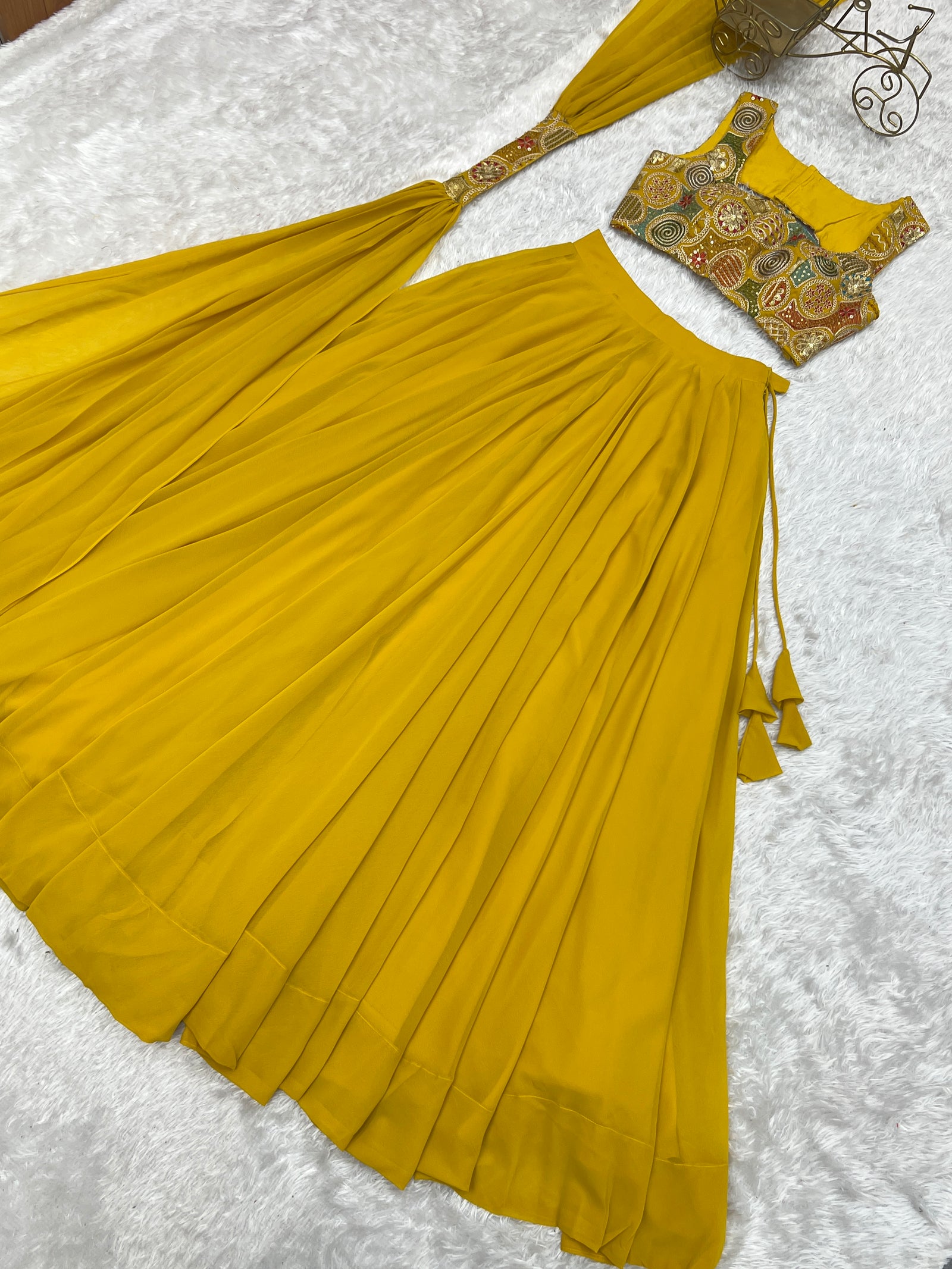 Yellow Pure Soft Fox Georgette Blooming Lehenga Choli with Fancy Blouse & Dupatta – Fully Stitched, Ready to Wear