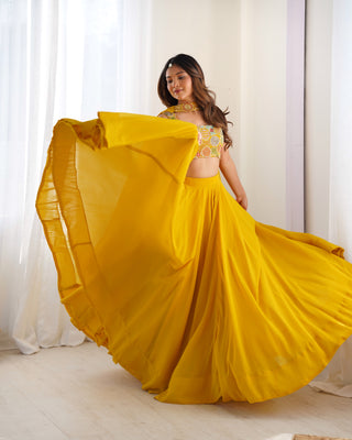 Yellow Pure Soft Fox Georgette Blooming Lehenga Choli with Fancy Blouse & Dupatta – Fully Stitched, Ready to Wear