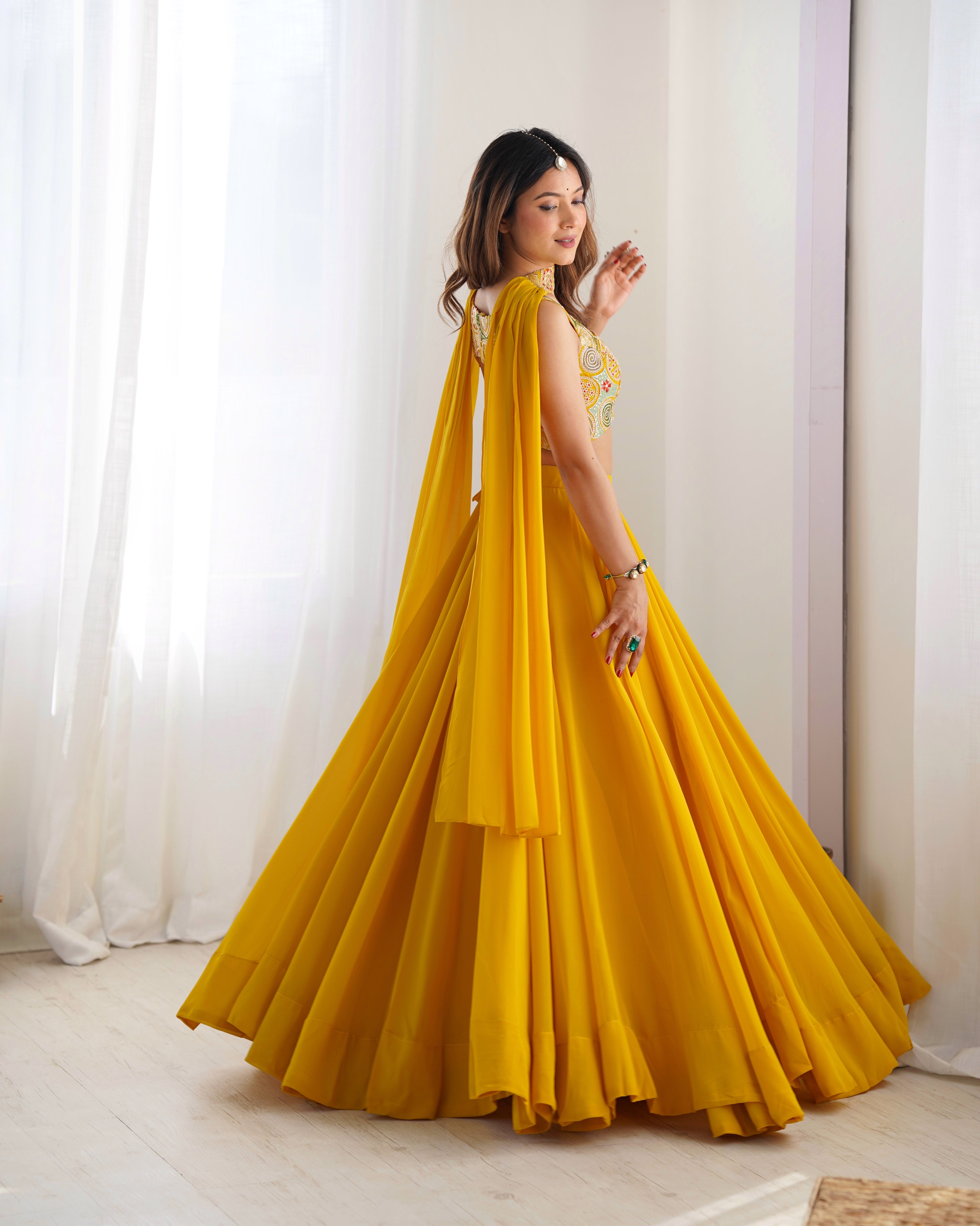 Yellow Pure Soft Fox Georgette Blooming Lehenga Choli with Fancy Blouse & Dupatta – Fully Stitched, Ready to Wear