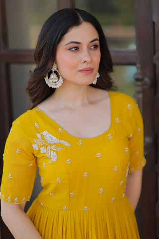 Yellow Radiant Faux Blooming Gown with Bead Embroidery & 12-Meter Flair – Full Stitched ClothsVilla