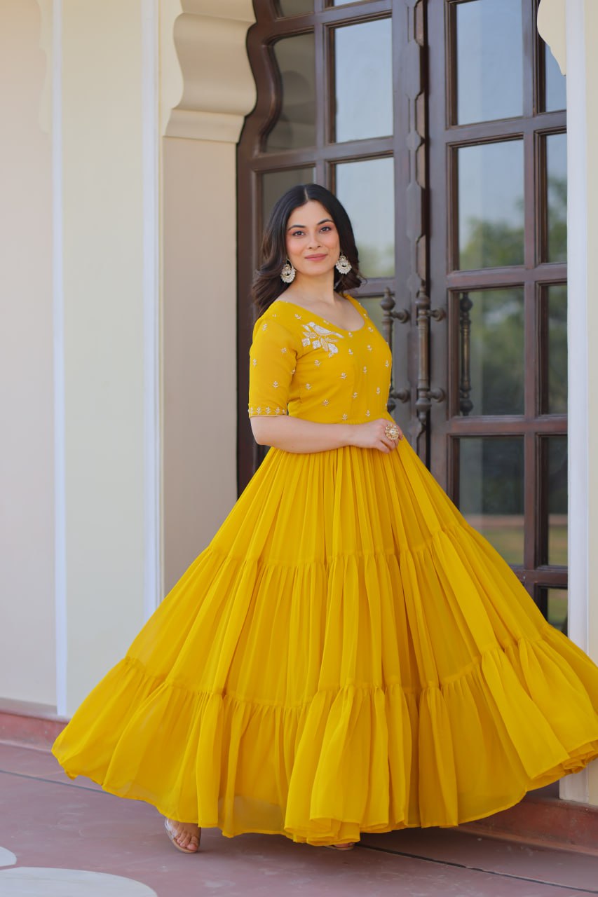 Yellow Radiant Faux Blooming Gown with Bead Embroidery & 12-Meter Flair – Full Stitched ClothsVilla