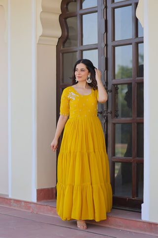 Yellow Radiant Faux Blooming Gown with Bead Embroidery & 12-Meter Flair – Full Stitched ClothsVilla