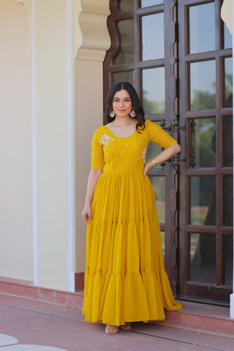 Yellow Radiant Faux Blooming Gown with Bead Embroidery & 12-Meter Flair – Full Stitched ClothsVilla