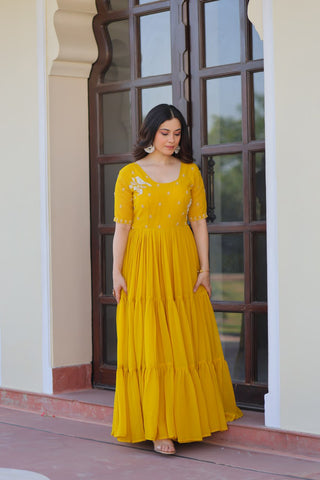 Yellow Radiant Faux Blooming Gown with Bead Embroidery & 12-Meter Flair – Full Stitched ClothsVilla