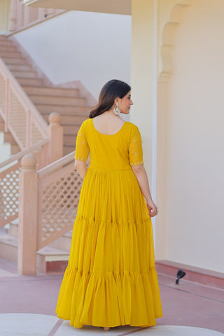 Yellow Radiant Faux Blooming Gown with Bead Embroidery & 12-Meter Flair – Full Stitched ClothsVilla