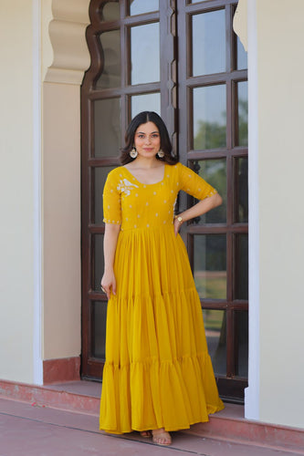 Yellow Radiant Faux Blooming Gown with Bead Embroidery & 12-Meter Flair – Full Stitched ClothsVilla