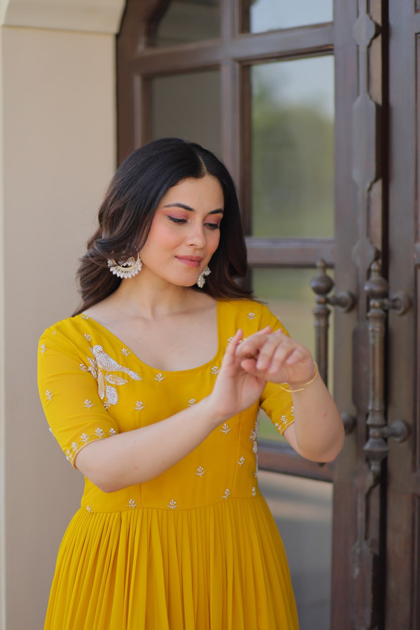 Yellow Radiant Faux Blooming Gown with Bead Embroidery & 12-Meter Flair – Full Stitched ClothsVilla