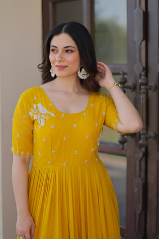 Yellow Radiant Faux Blooming Gown with Bead Embroidery & 12-Meter Flair – Full Stitched ClothsVilla