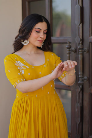 Yellow Radiant Faux Blooming Gown with Bead Embroidery & 12-Meter Flair – Full Stitched ClothsVilla