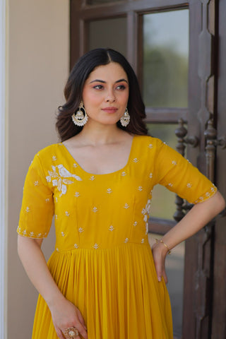 Yellow Radiant Faux Blooming Gown with Bead Embroidery & 12-Meter Flair – Full Stitched ClothsVilla