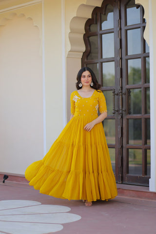 Yellow Radiant Faux Blooming Gown with Bead Embroidery & 12-Meter Flair – Full Stitched ClothsVilla