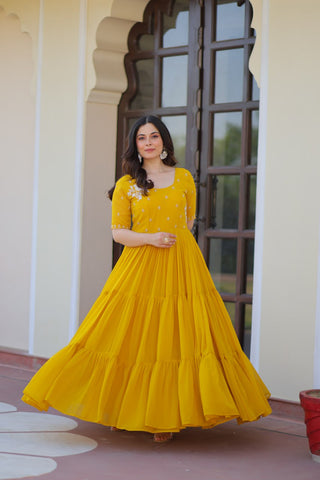 Yellow Radiant Faux Blooming Gown with Bead Embroidery & 12-Meter Flair – Full Stitched ClothsVilla