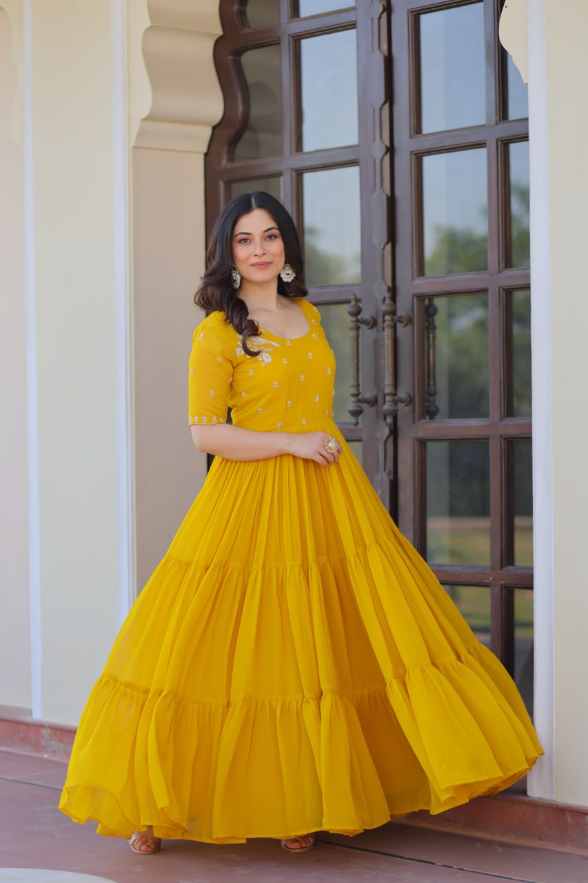 Yellow Radiant Faux Blooming Gown with Bead Embroidery & 12-Meter Flair – Full Stitched ClothsVilla