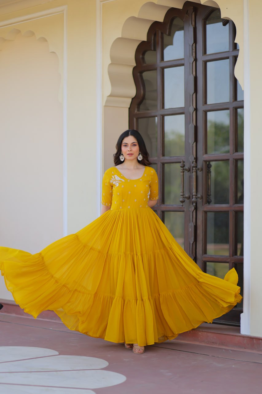 Yellow Radiant Faux Blooming Gown with Bead Embroidery & 12-Meter Flair – Full Stitched ClothsVilla