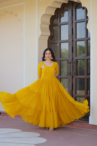 Yellow Radiant Faux Blooming Gown with Bead Embroidery & 12-Meter Flair – Full Stitched ClothsVilla