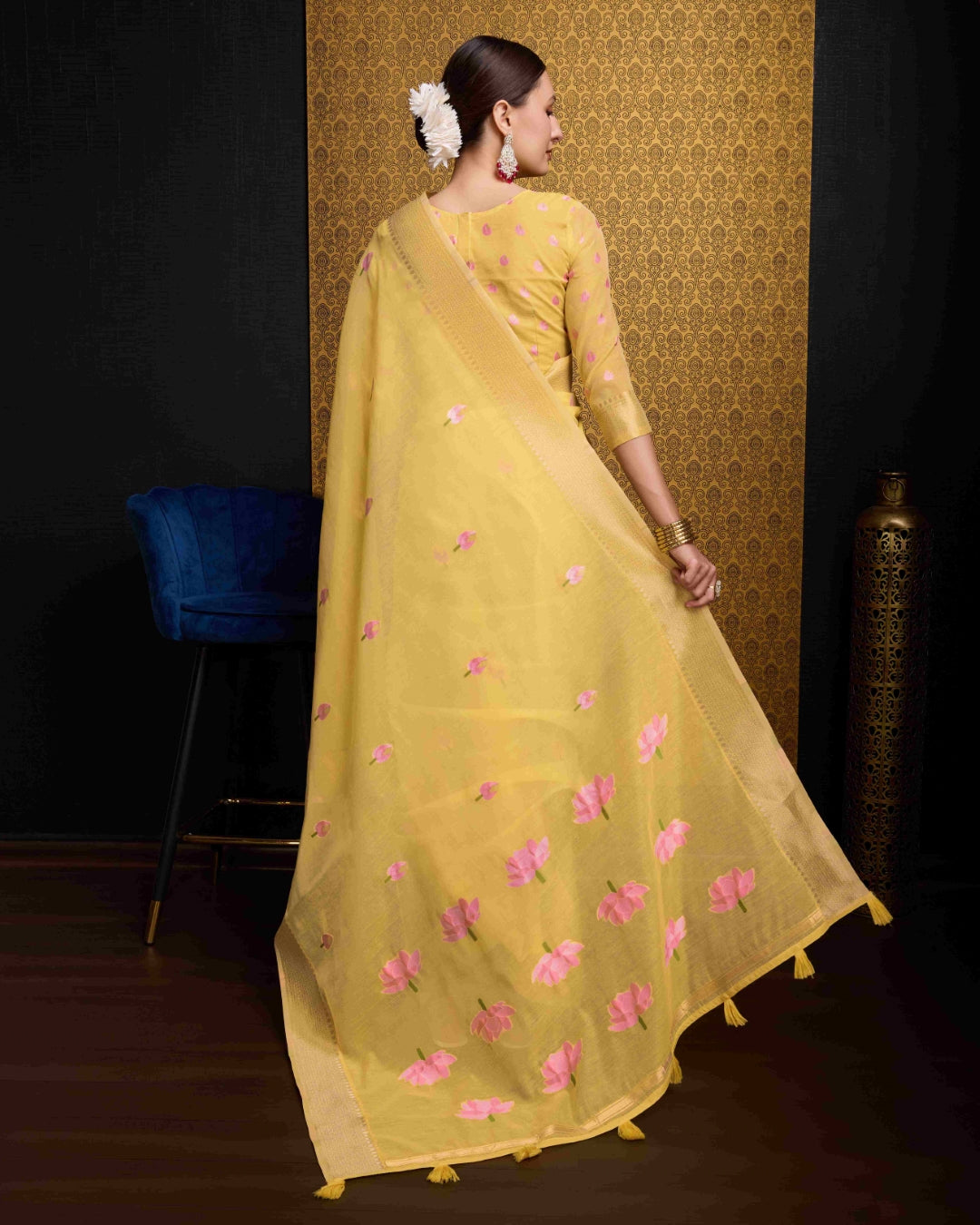 Yellow Radiant Floral Printed Saree with Zari Border ClothsVilla