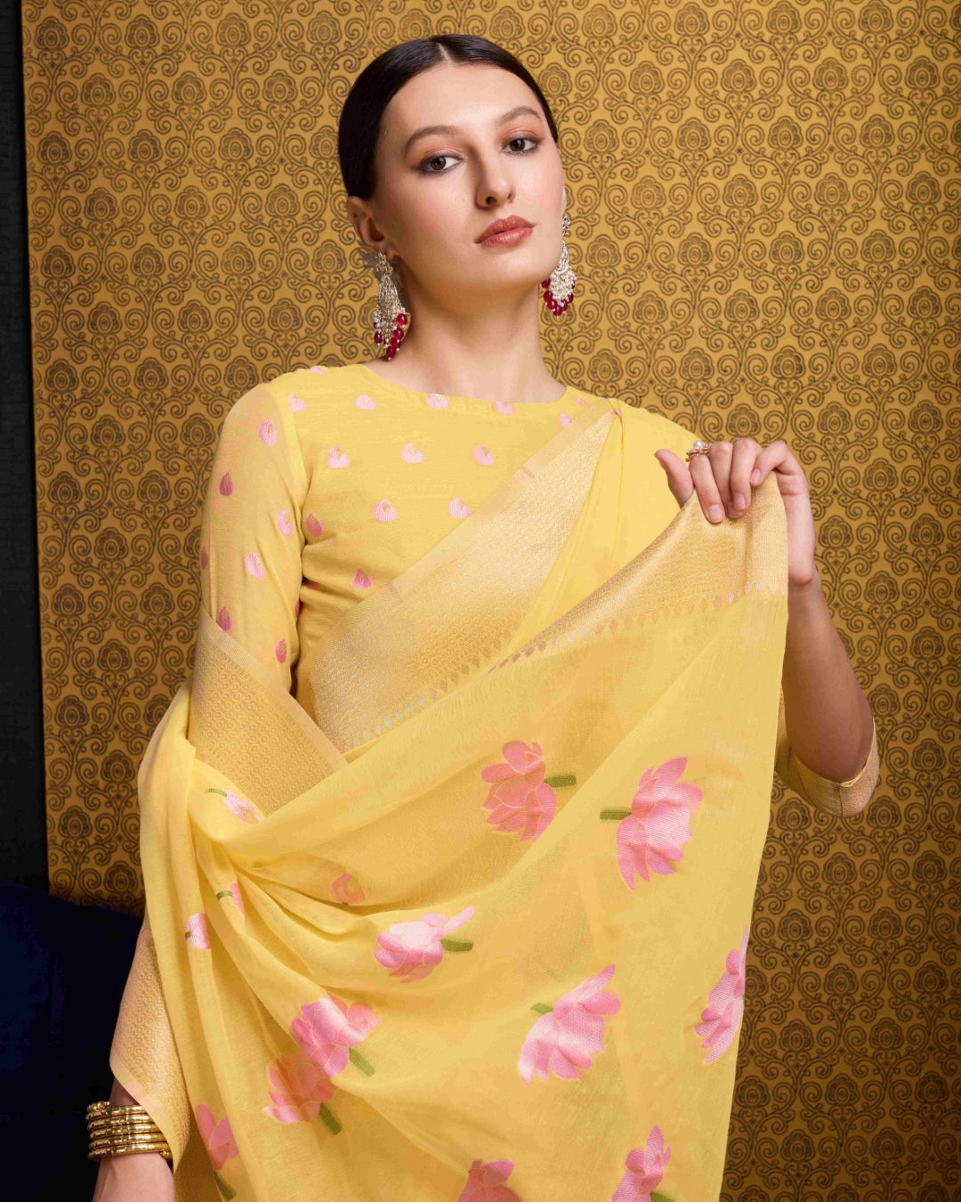 Yellow Radiant Floral Printed Saree with Zari Border ClothsVilla