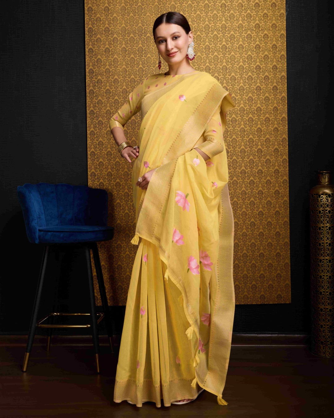 Yellow Radiant Floral Printed Saree with Zari Border Secondary image