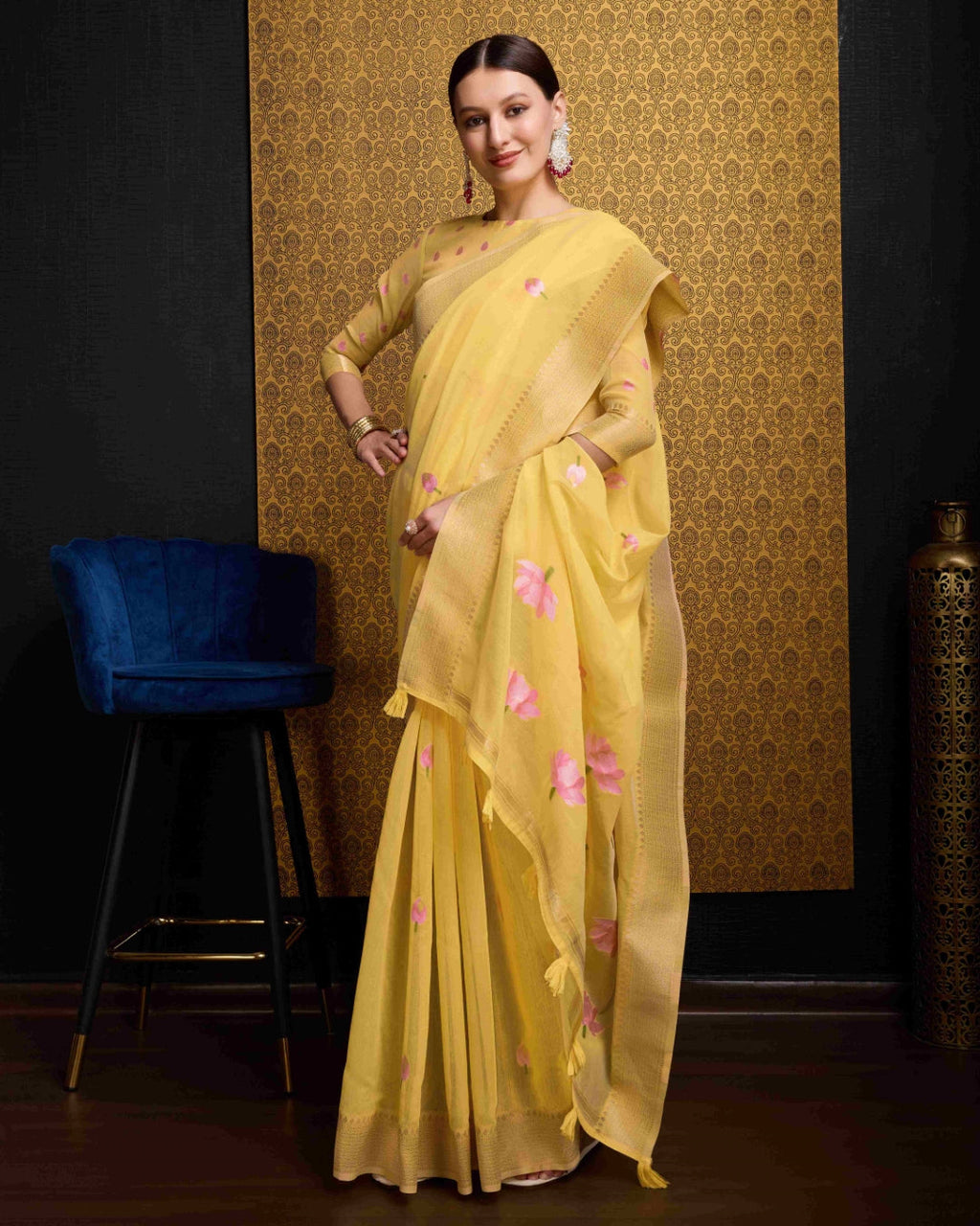 Yellow Radiant Floral Printed Saree with Zari Border ClothsVilla