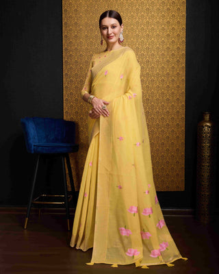 Yellow Radiant Floral Printed Saree with Zari Border ClothsVilla