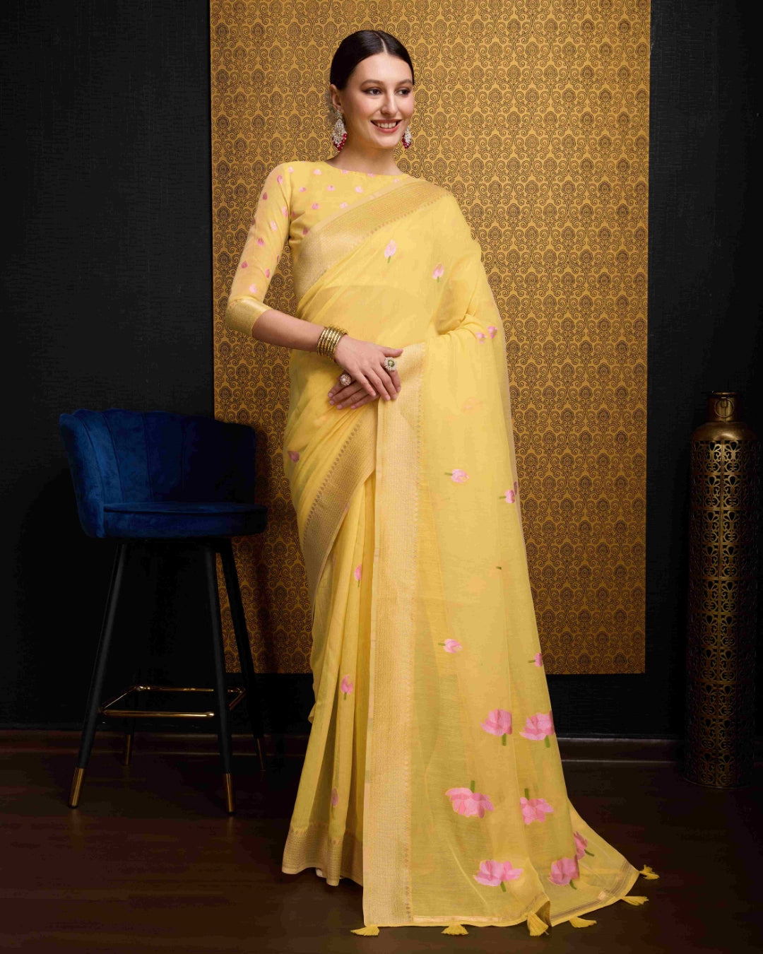 Yellow Radiant Floral Printed Saree with Zari Border ClothsVilla Main image